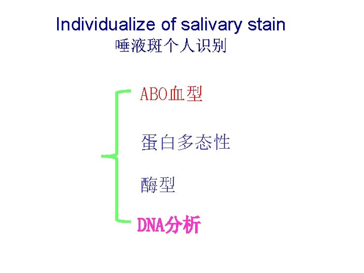 Individualize of salivary stain 唾液斑个人识别 ABO血型 蛋白多态性 酶型 DNA分析 