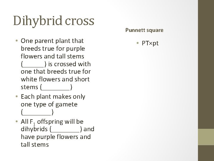 Dihybrid cross • One parent plant that breeds true for purple flowers and tall