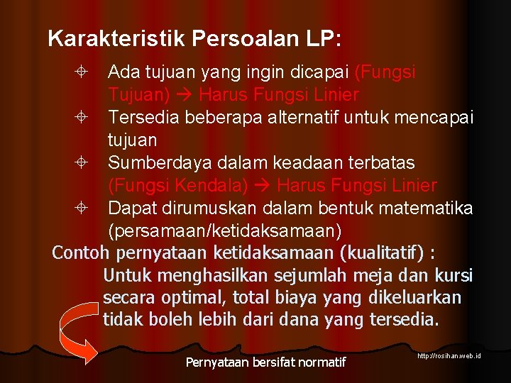 Karakteristik Persoalan LP: ± Ada tujuan yang ingin dicapai (Fungsi Tujuan) Harus Fungsi Linier