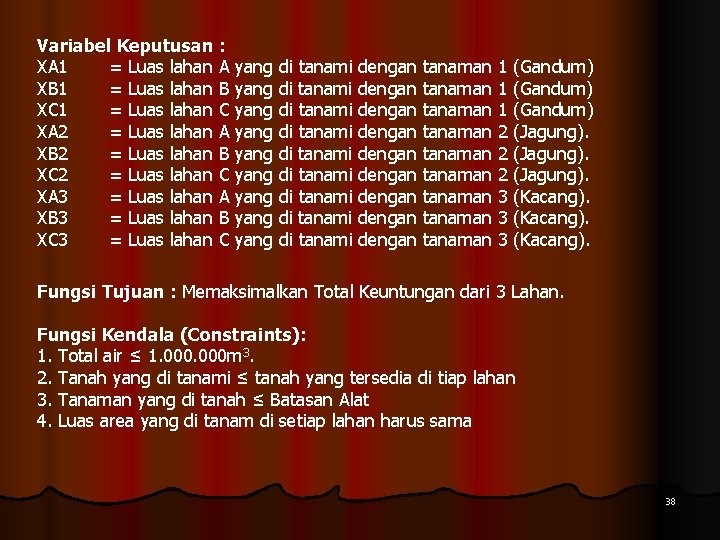 Variabel Keputusan : XA 1 = Luas lahan A yang di tanami dengan tanaman