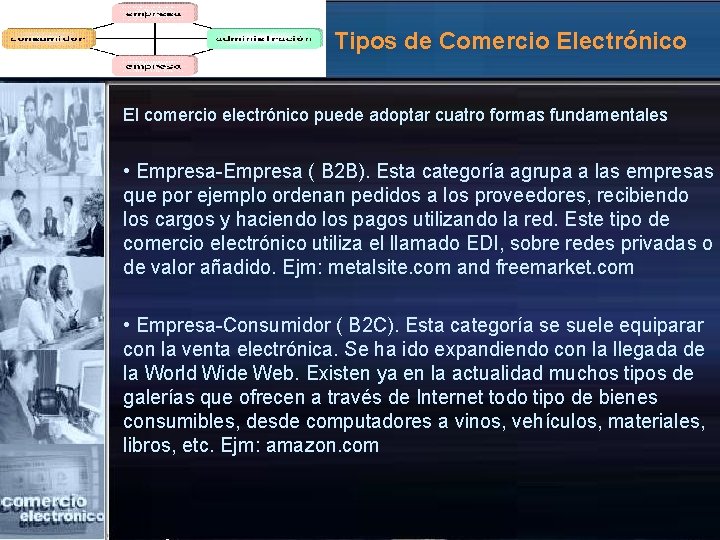 Tipos de Comercio Electrónico El comercio electrónico puede adoptar cuatro formas fundamentales • Empresa-Empresa