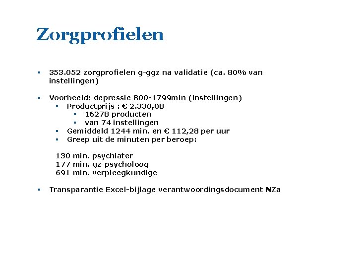 Zorgprofielen § 353. 052 zorgprofielen g-ggz na validatie (ca. 80% van instellingen) § Voorbeeld: