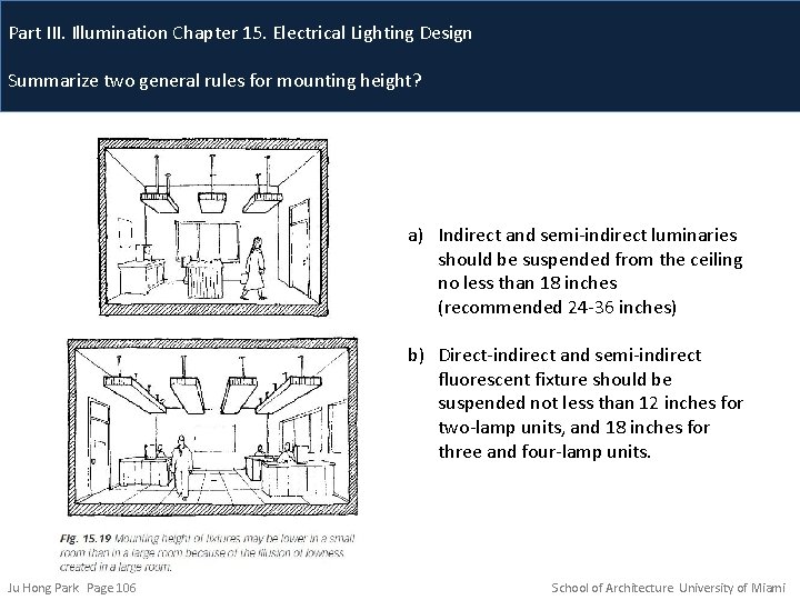 Part III. Illumination Chapter 15. Electrical Lighting Design Summarize two general rules for mounting