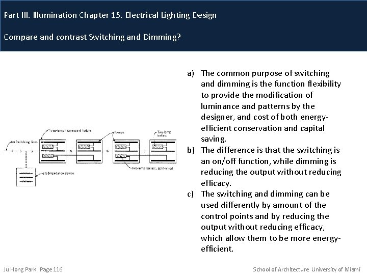 Part III. Illumination Chapter 15. Electrical Lighting Design Compare and contrast Switching and Dimming?