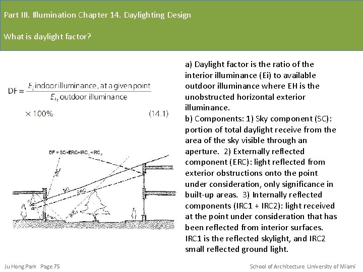 Part III. Illumination Chapter 14. Daylighting Design What is daylight factor? a) Daylight factor