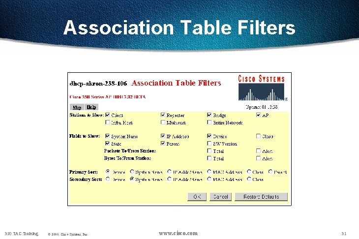 Association Table Filters 350 TAC Training © 2000, Cisco Systems, Inc. www. cisco. com