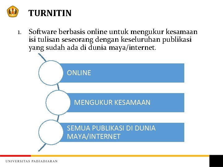 TURNITIN 1. Software berbasis online untuk mengukur kesamaan isi tulisan seseorang dengan keseluruhan publikasi