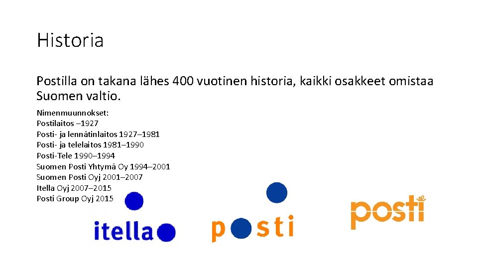 Historia Postilla on takana lähes 400 vuotinen historia, kaikki osakkeet omistaa Suomen valtio. Nimenmuunnokset: