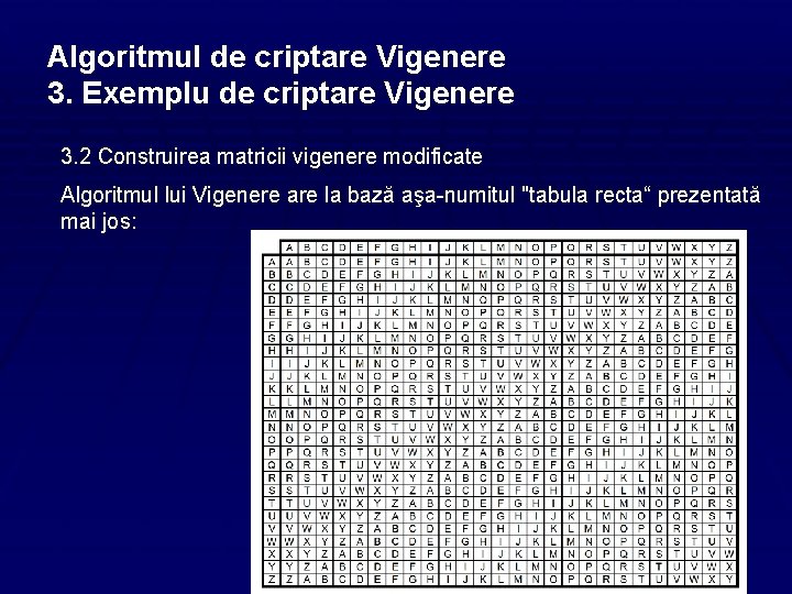 Algoritmul de criptare Vigenere 3. Exemplu de criptare Vigenere 3. 2 Construirea matricii vigenere