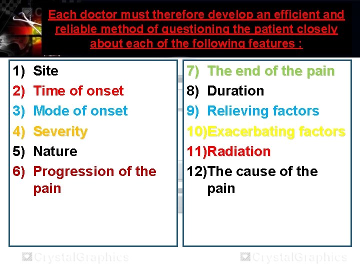 Each doctor must therefore develop an efficient and reliable method of questioning the patient