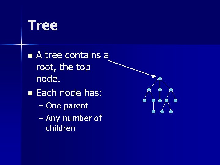 Tree A tree contains a root, the top node. n Each node has: n