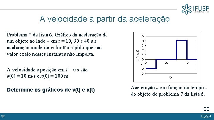 A velocidade a partir da aceleração A velocidade e posição em t = 0