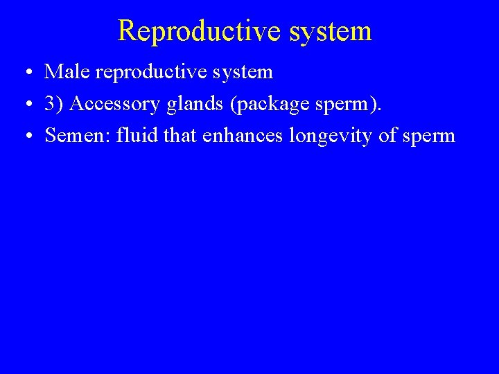 Reproductive system • Male reproductive system • 3) Accessory glands (package sperm). • Semen: