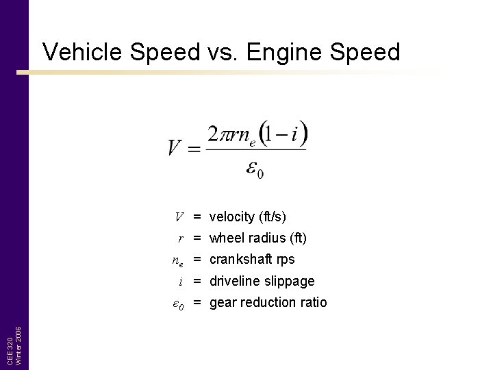 Vehicle Speed vs. Engine Speed V = velocity (ft/s) r = wheel radius (ft)