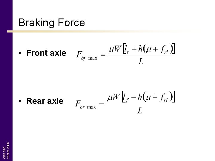 Braking Force • Front axle CEE 320 Winter 2006 • Rear axle 