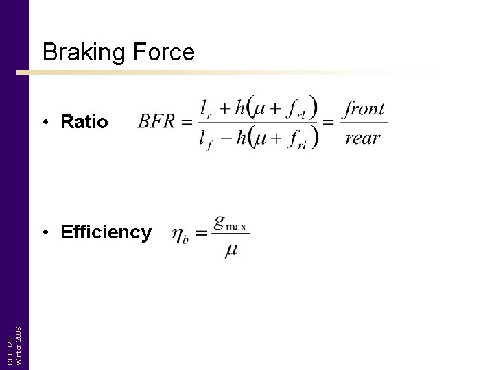 Braking Force • Ratio CEE 320 Winter 2006 • Efficiency 