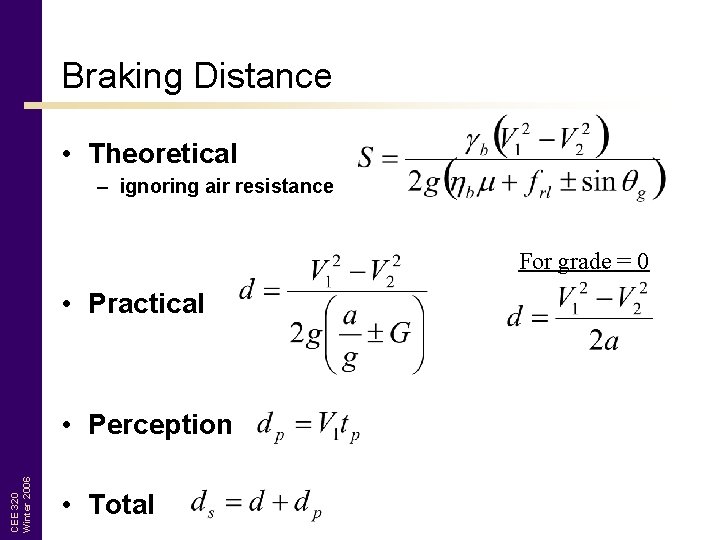 Braking Distance • Theoretical – ignoring air resistance For grade = 0 • Practical