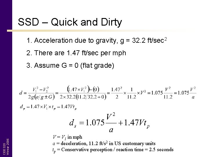 SSD – Quick and Dirty 1. Acceleration due to gravity, g = 32. 2