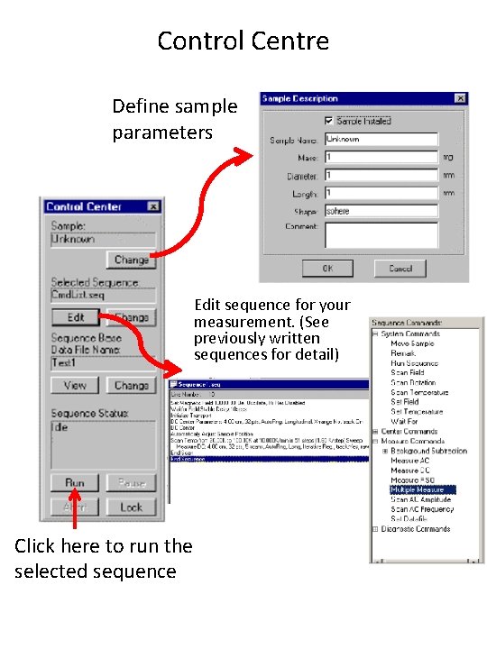 Control Centre Define sample parameters Edit sequence for your measurement. (See previously written sequences