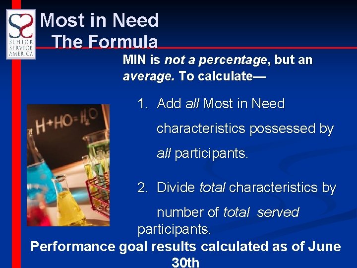 Most in Need The Formula MIN is not a percentage, but an average. To