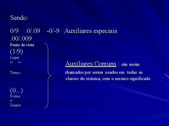 Sendo: 0/9. 0/. 09 -0/-9 Auxiliares especiais. 00/. 009 Ponto de vista (1/9) Lugar