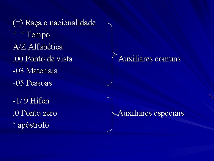 (=) Raça e nacionalidade “ “ Tempo A/Z Alfabética. 00 Ponto de vista -03