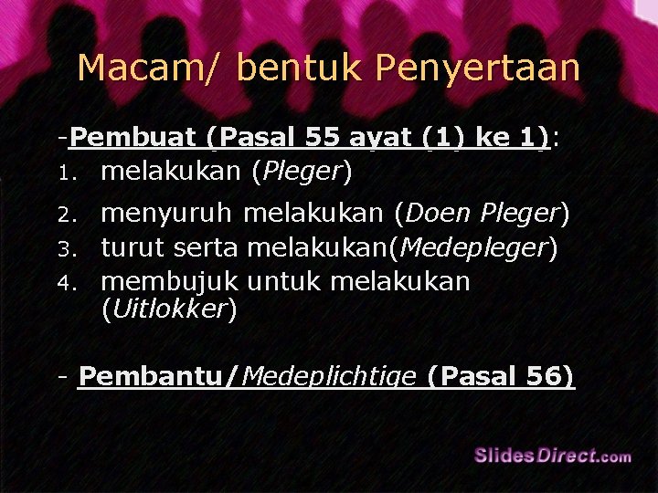 Macam/ bentuk Penyertaan -Pembuat (Pasal 55 ayat (1) ke 1): 1. melakukan (Pleger) menyuruh