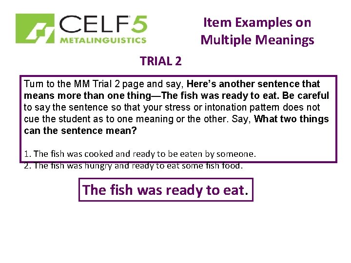 Item Examples on Multiple Meanings TRIAL 2 Turn to the MM Trial 2 page