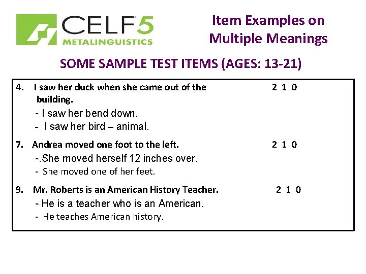 Item Examples on Multiple Meanings SOME SAMPLE TEST ITEMS (AGES: 13 -21) 4. I