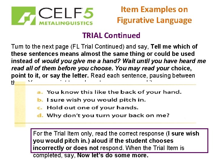 Item Examples on Figurative Language TRIAL Continued Turn to the next page (FL Trial