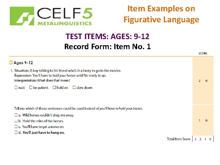 Item Examples on Figurative Language TEST ITEMS: AGES: 9 -12 Record Form: Item No.