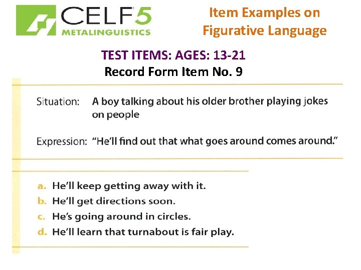 Item Examples on Figurative Language TEST ITEMS: AGES: 13 -21 Record Form Item No.