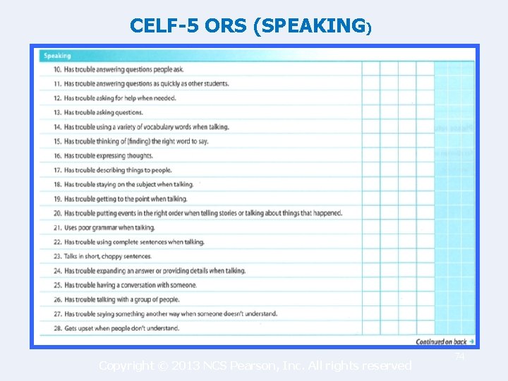 CELF-5 ORS (SPEAKING) Copyright © 2013 NCS Pearson, Inc. All rights reserved 74 
