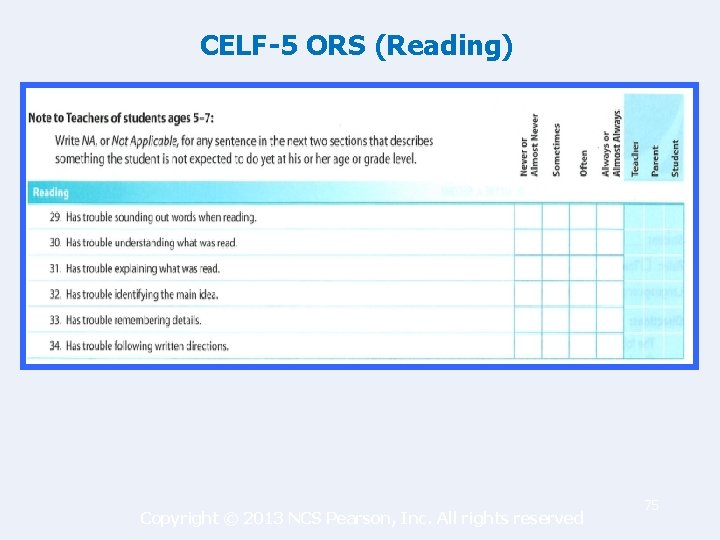 CELF-5 ORS (Reading) Copyright © 2013 NCS Pearson, Inc. All rights reserved 75 