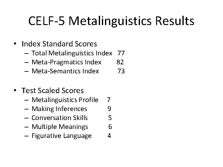 CELF-5 Metalinguistics Results • Index Standard Scores – Total Metalinguistics Index 77 – Meta-Pragmatics