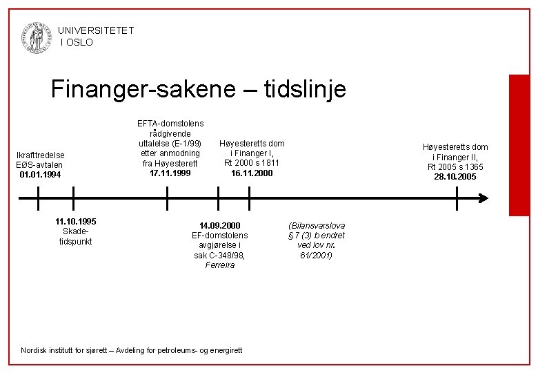 UNIVERSITETET I OSLO Finanger-sakene – tidslinje Ikrafttredelse EØS-avtalen 01. 1994 11. 10. 1995 Skadetidspunkt