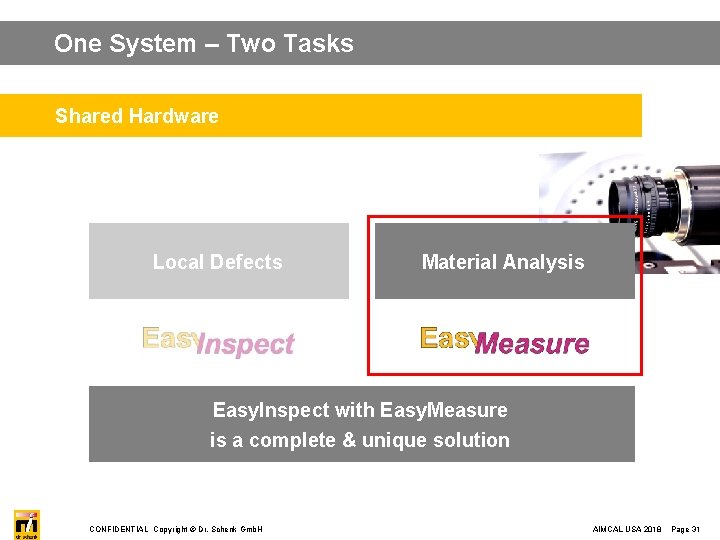 One System – Two Tasks Shared Hardware Local Defects Material Analysis Easy. Inspect with