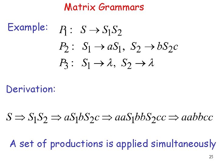 Matrix Grammars Example: Derivation: A set of productions is applied simultaneously 25 