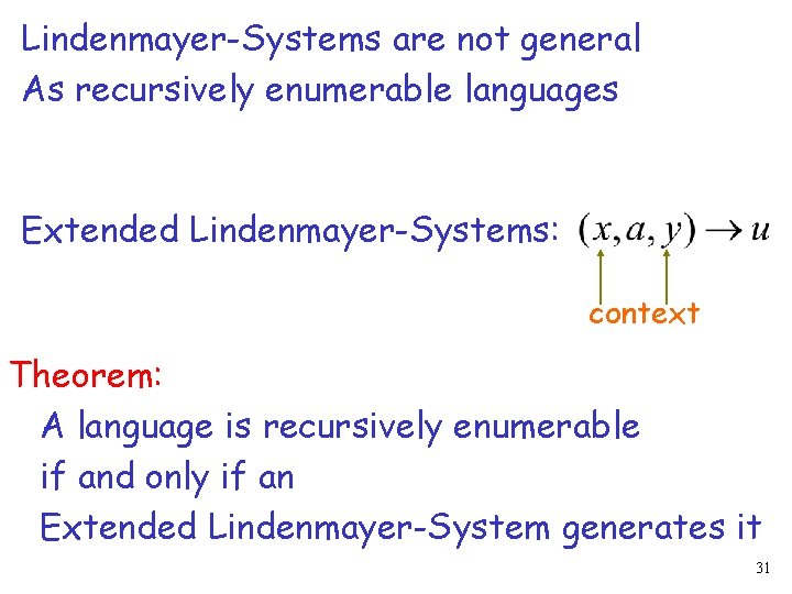 Lindenmayer-Systems are not general As recursively enumerable languages Extended Lindenmayer-Systems: context Theorem: A language