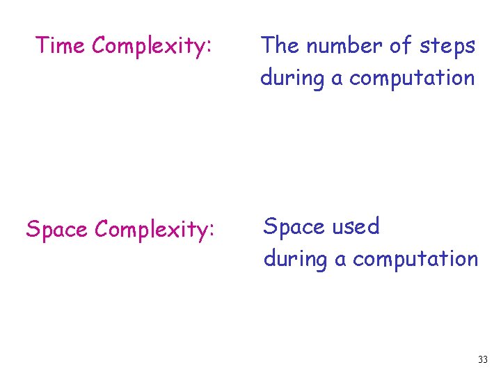 Time Complexity: The number of steps during a computation Space Complexity: Space used during