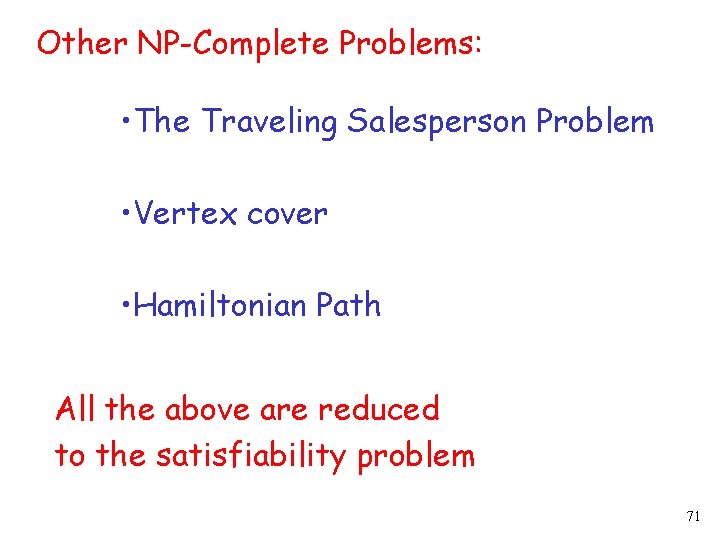 Other NP-Complete Problems: • The Traveling Salesperson Problem • Vertex cover • Hamiltonian Path