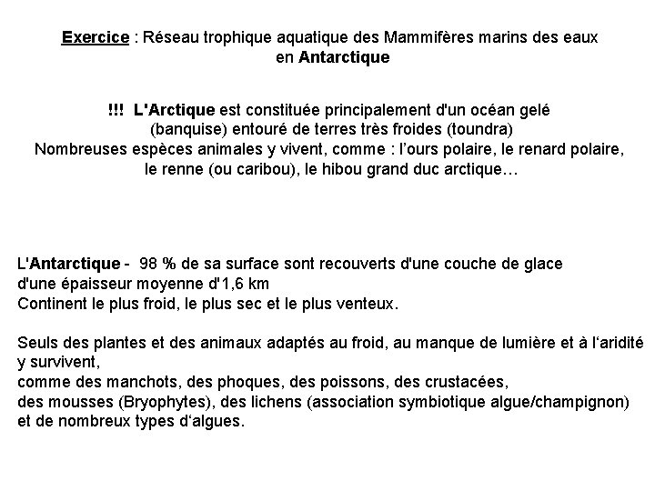 Exercice : Réseau trophique aquatique des Mammifères marins des eaux en Antarctique !!! L'Arctique