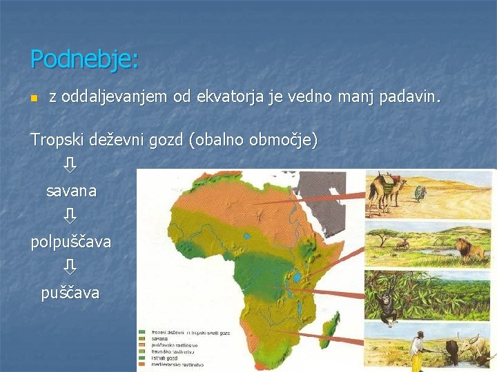 Podnebje: n z oddaljevanjem od ekvatorja je vedno manj padavin. Tropski deževni gozd (obalno Podnebje: n z oddaljevanjem od ekvatorja je vedno manj padavin. Tropski deževni gozd (obalno