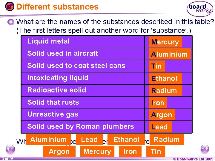 Different substances What are the names of the substances described in this table? (The