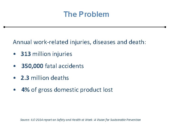 The Problem Annual work-related injuries, diseases and death: • 313 million injuries • 350,