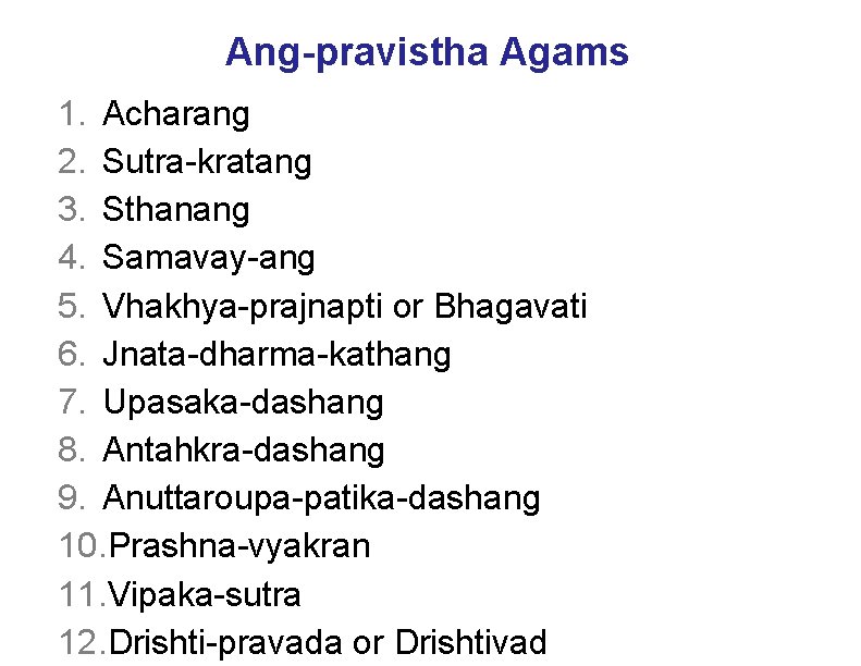Ang-pravistha Agams 1. Acharang 2. Sutra-kratang 3. Sthanang 4. Samavay-ang 5. Vhakhya-prajnapti or Bhagavati