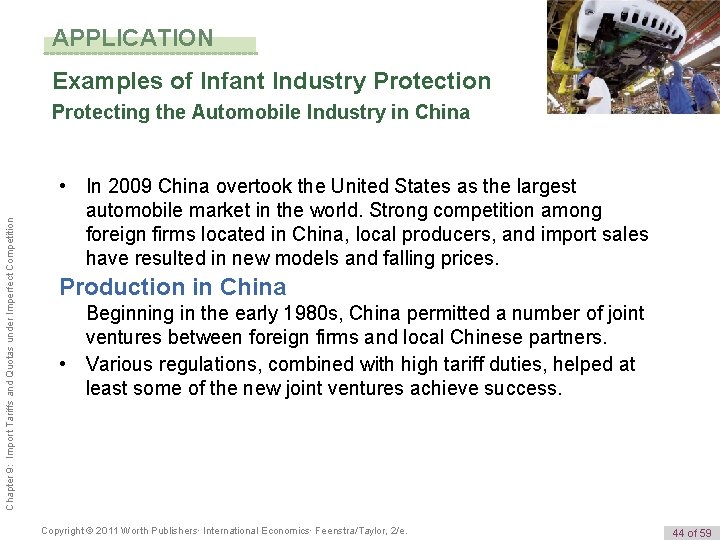 APPLICATION Examples of Infant Industry Protection Chapter 9: Import Tariffs and Quotas under Imperfect