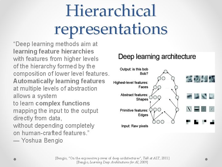 Hierarchical representations “Deep learning methods aim at learning feature hierarchies with features from higher Hierarchical representations “Deep learning methods aim at learning feature hierarchies with features from higher