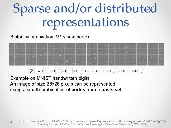 Sparse and/or distributed representations Biological motivation: V 1 visual cortex Example on MNIST handwritten Sparse and/or distributed representations Biological motivation: V 1 visual cortex Example on MNIST handwritten