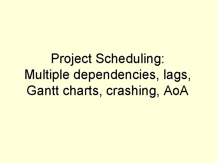 Project Scheduling: Multiple dependencies, lags, Gantt charts, crashing, Ao. A 